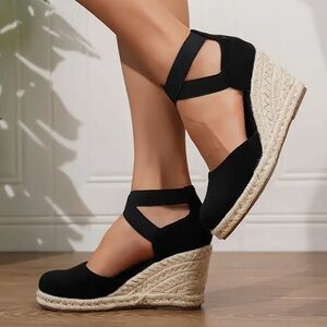 Black faux velvet strappy espadrille wedges